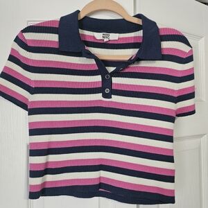 Women's Striped Short Sleeve Polo Shirt - Pink, Navy, White